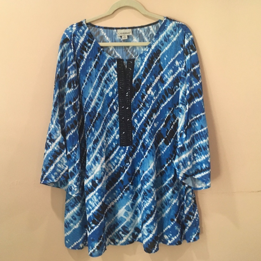 Catherines Tunic Blouse Womens Plus 1X Blue Abstract Flowy Cover Up Top
